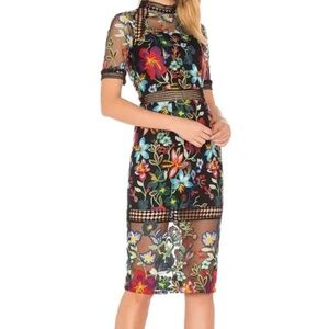 Revolve VONE Black Sheer Lace Red Multi Floral Embroidered Sheath Dress L Boho